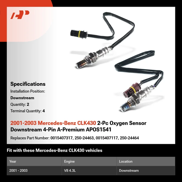 2001-2003 Mercedes-Benz CLK430 2-Pc Oxygen Sensor Downstream 4-Pin A-Premium APOS1541