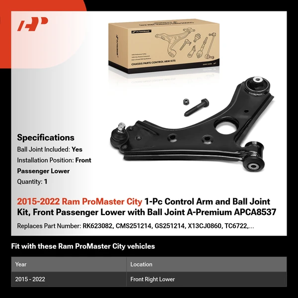 2015-2022 Ram ProMaster City 1-Pc Control Arm and Ball Joint Kit, Front Passenger Lower with Ball Joint A-Premium APCA8537