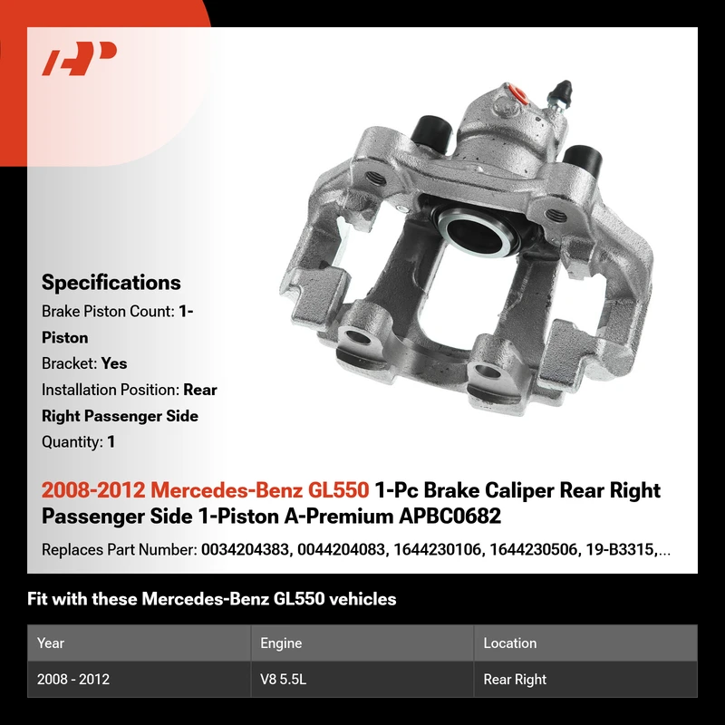 2008-2012 Mercedes-Benz GL550 1-Pc Brake Caliper Rear Right Passenger Side 1-Piston A-Premium APBC0682