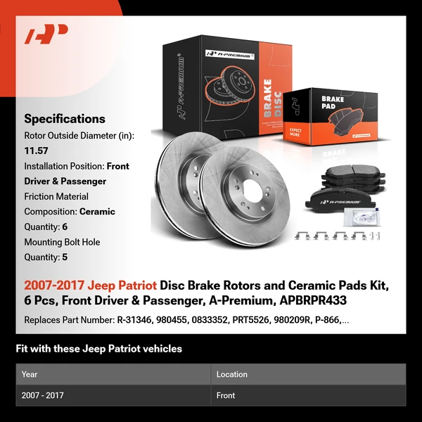 2007-2017 Jeep Patriot Disc Brake Rotors and Ceramic Pads Kit, 6 Pcs, Front Driver & Passenger, A-Premium, APBRPR433