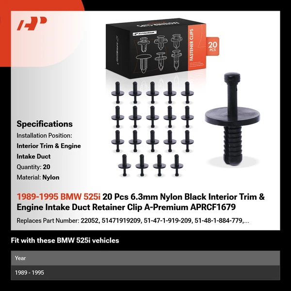 1989-1995 BMW 525i 20 Pcs 6.3mm Nylon Black Interior Trim & Engine Intake Duct Retainer Clip A-Premium APRCF1679