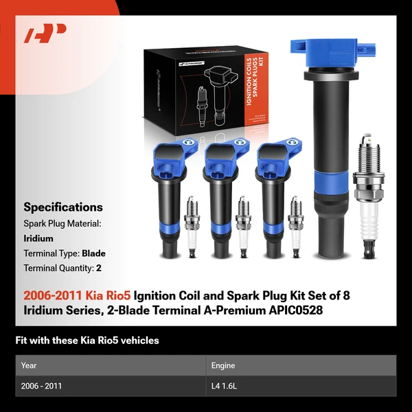 2006-2011 Kia Rio5 Ignition Coil and Spark Plug Kit Set of 8 Iridium Series, 2-Blade Terminal A-Premium APIC0528