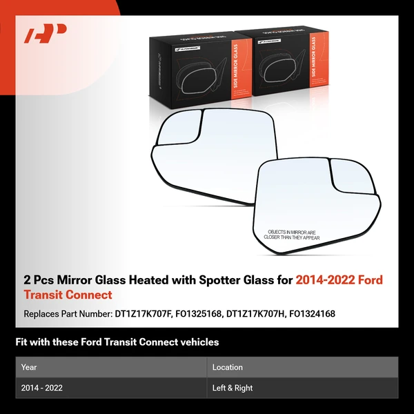 2 Pcs Mirror Glass Heated with Spotter Glass for 2014-2022 Ford Transit Connect