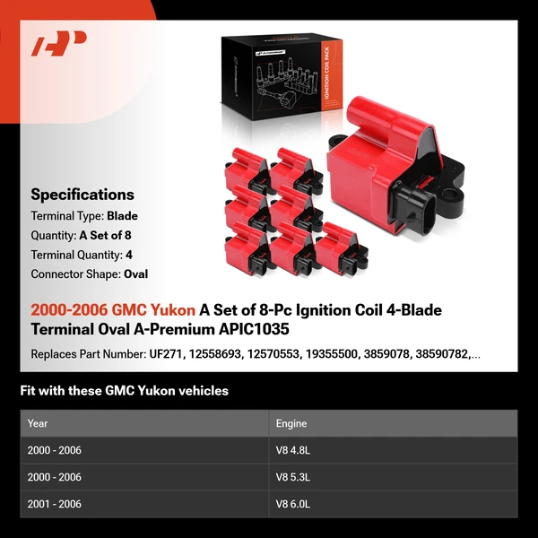 2000-2006 GMC Yukon A Set of 8-Pc Ignition Coil 4-Blade Terminal Oval A-Premium APIC1035