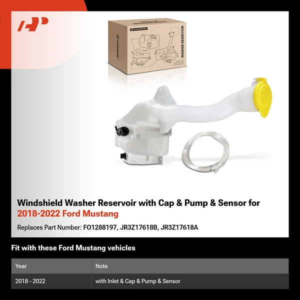 Windshield Washer Reservoir with Cap & Pump & Sensor for 2018-2022 Ford Mustang