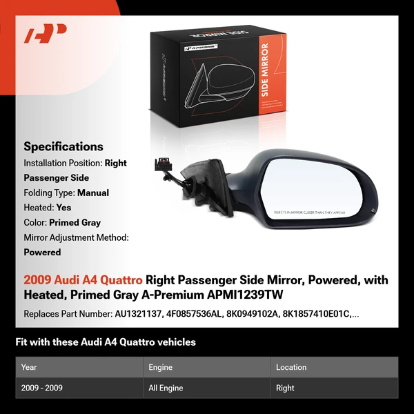2009 Audi A4 Quattro Right Passenger Side Mirror, Powered, with Heated, Primed Gray A-Premium APMI1239TW