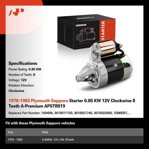 1978-1983 Plymouth Sapporo Starter 0.85 KW 12V Clockwise 8 Teeth A-Premium APSTR019