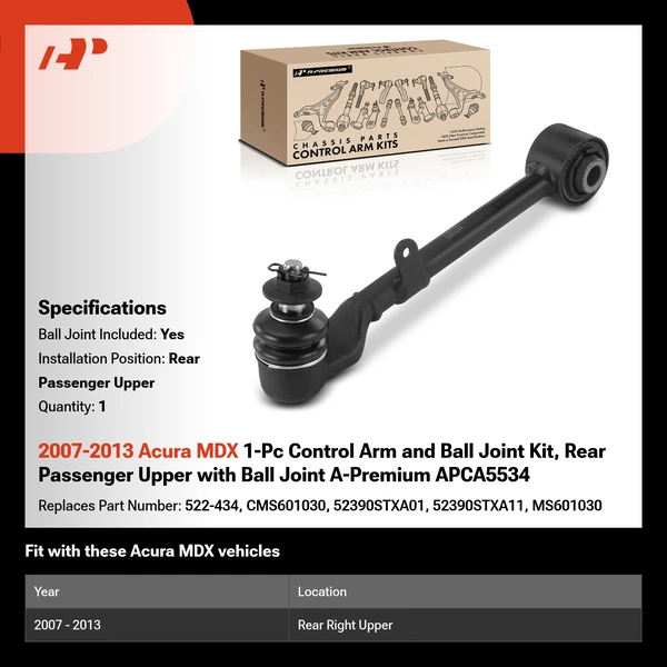 2007-2013 Acura MDX 1-Pc Control Arm and Ball Joint Kit, Rear Passenger Upper with Ball Joint A-Premium APCA5534