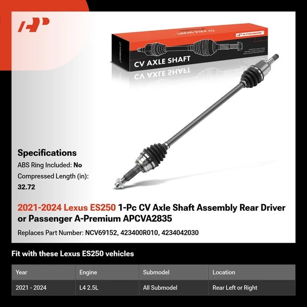 2021-2024 Lexus ES250 1-Pc CV Axle Shaft Assembly Rear Driver or Passenger A-Premium APCVA2835