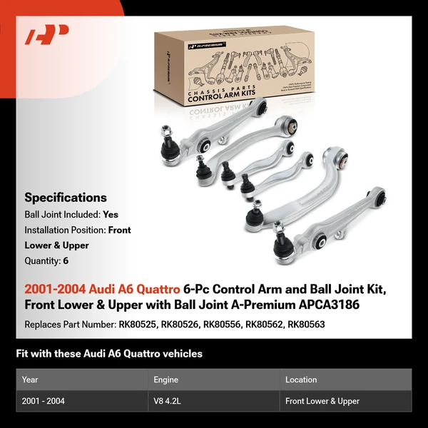 2001-2004 Audi A6 Quattro 6-Pc Control Arm and Ball Joint Kit, Front Lower & Upper with Ball Joint A-Premium APCA3186