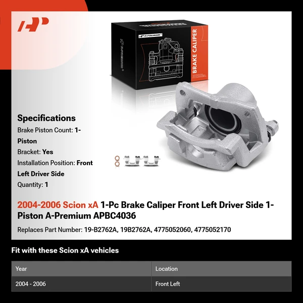 2004-2006 Scion xA 1-Pc Brake Caliper Front Left Driver Side 1-Piston A-Premium APBC4036