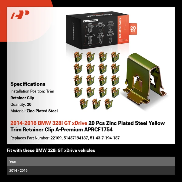 2014-2016 BMW 328i GT xDrive 20 Pcs Zinc Plated Steel Yellow Trim Retainer Clip A-Premium APRCF1754