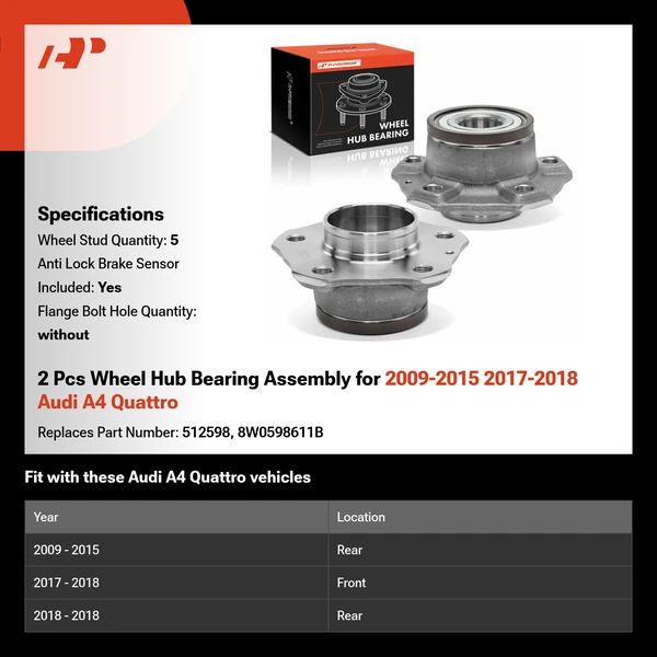 2 Pcs Wheel Hub Bearing Assembly for 2009-2015 2017-2018 Audi A4 Quattro