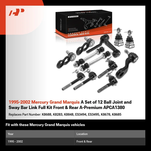 1995-2002 Mercury Grand Marquis A Set of 12 Ball Joint and Sway Bar Link Full Kit Front & Rear A-Premium APCA1380