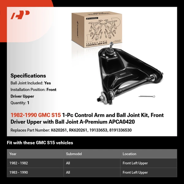 1982-1990 GMC S15 1-Pc Control Arm and Ball Joint Kit, Front Driver Upper with Ball Joint A-Premium APCA0420