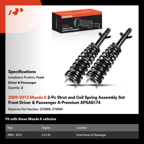 2009-2013 Mazda 6 2-Pc Strut and Coil Spring Assembly Set Front Driver & Passenger A-Premium APSA0674