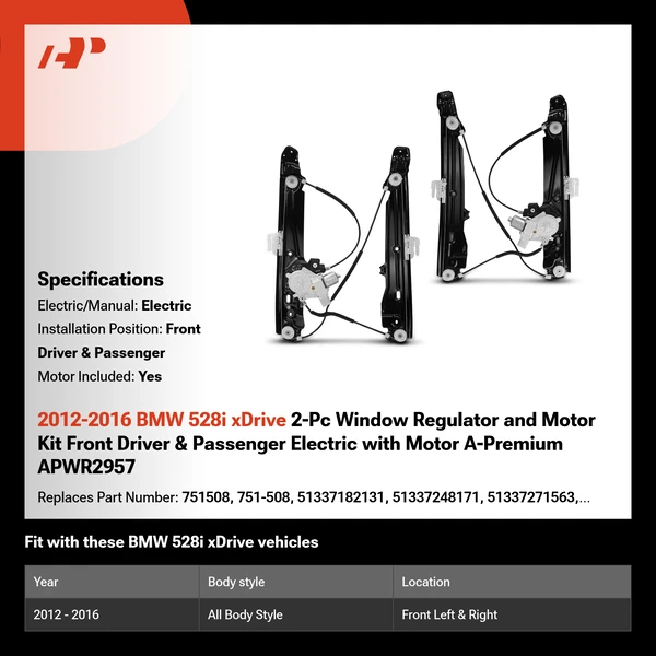 2012-2016 BMW 528i xDrive 2-Pc Window Regulator and Motor Kit Front Driver & Passenger Electric with Motor A-Premium APWR2957