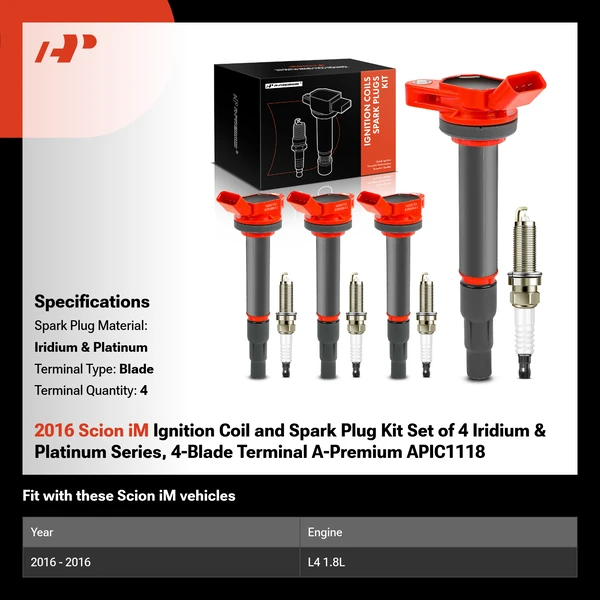 2016 Scion iM Ignition Coil and Spark Plug Kit Set of 4 Iridium & Platinum Series, 4-Blade Terminal A-Premium APIC1118