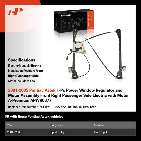2001-2005 Pontiac Aztek 1-Pc Power Window Regulator and Motor Assembly Front Right Passenger Side Electric with Motor A-Premium APWR0377