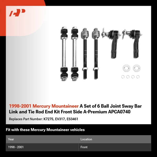 1998-2001 Mercury Mountaineer A Set of 6 Ball Joint Sway Bar Link and Tie Rod End Kit Front Side A-Premium APCA0740