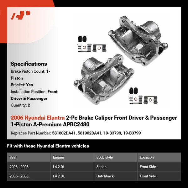 2006 Hyundai Elantra 2-Pc Brake Caliper Front Driver & Passenger 1-Piston A-Premium APBC2480