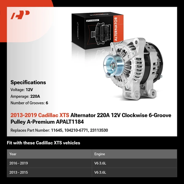 2013-2019 Cadillac XTS Alternator 220A 12V Clockwise 6-Groove Pulley A-Premium APALT1184