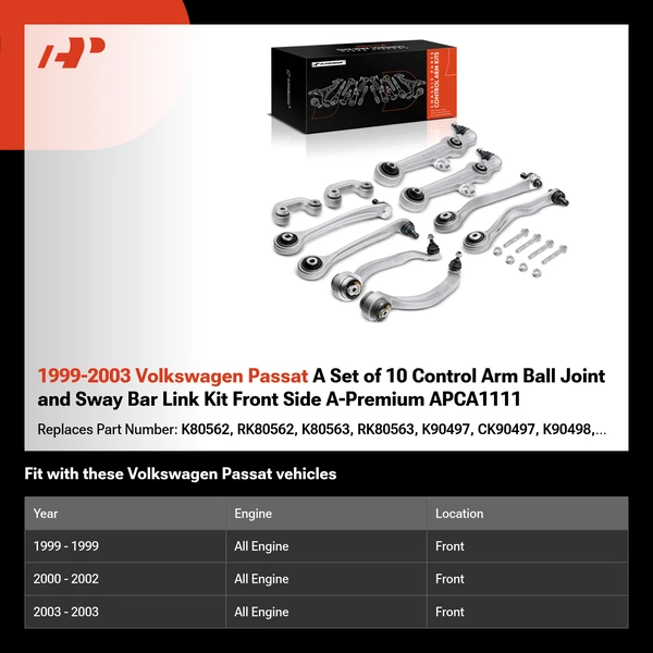 1999-2003 Volkswagen Passat A Set of 10 Control Arm Ball Joint and Sway Bar Link Kit Front Side A-Premium APCA1111