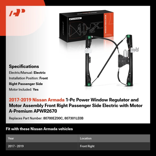 2017-2019 Nissan Armada 1-Pc Power Window Regulator and Motor Assembly Front Right Passenger Side Electric with Motor A-Premium APWR2670