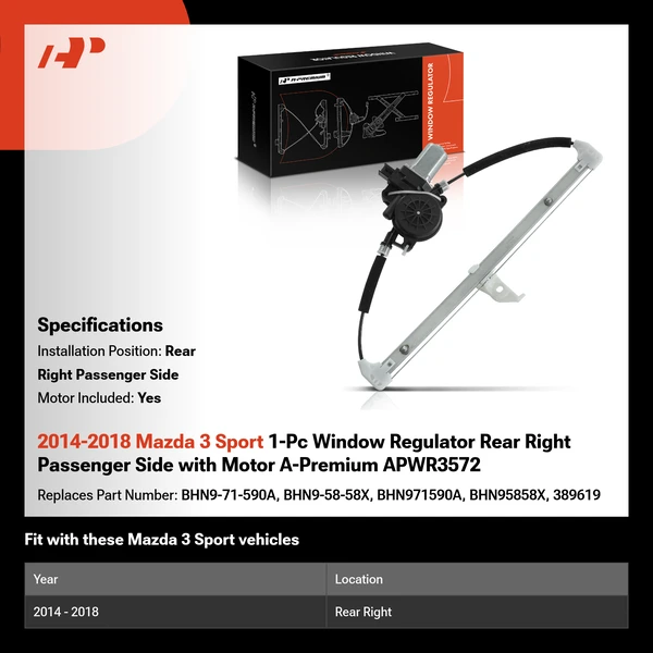2014-2018 Mazda 3 Sport 1-Pc Window Regulator Rear Right Passenger Side with Motor A-Premium APWR3572