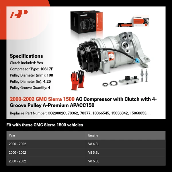 2000-2002 GMC Sierra 1500 AC Compressor with Clutch with 4-Groove Pulley A-Premium APACC150