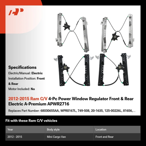 2012-2015 Ram C/V 4-Pc Power Window Regulator Front & Rear Electric A-Premium APWR2716