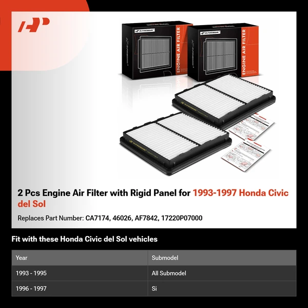 2 Pcs Engine Air Filter with Rigid Panel for 1993-1997 Honda Civic del Sol