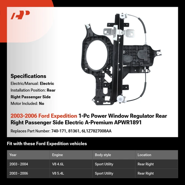 2003-2006 Ford Expedition 1-Pc Power Window Regulator Rear Right Passenger Side Electric A-Premium APWR1891