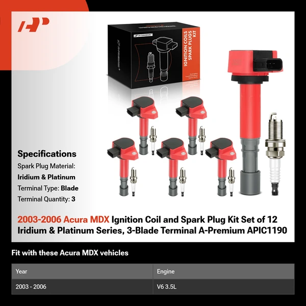 2003-2006 Acura MDX Ignition Coil and Spark Plug Kit Set of 12 Iridium & Platinum Series, 3-Blade Terminal A-Premium APIC1190
