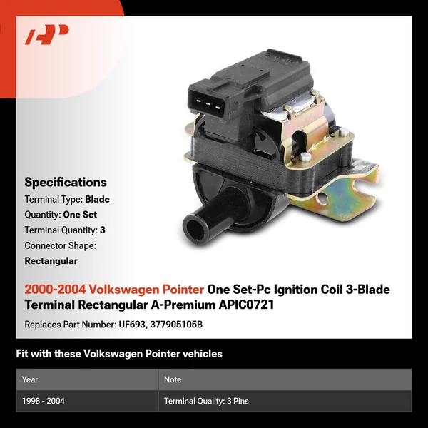 2000-2004 Volkswagen Pointer One Set-Pc Ignition Coil 3-Blade Terminal Rectangular A-Premium APIC0721