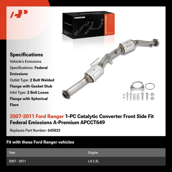 2007-2011 Ford Ranger 1-PC Catalytic Converter Front Side Fit Federal Emissions A-Premium APCCT649