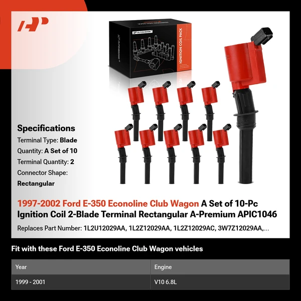 1997-2002 Ford E-350 Econoline Club Wagon A Set of 10-Pc Ignition Coil 2-Blade Terminal Rectangular A-Premium APIC1046