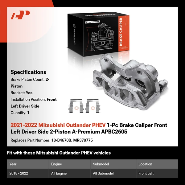 2021-2022 Mitsubishi Outlander PHEV 1-Pc Brake Caliper Front Left Driver Side 2-Piston A-Premium APBC2605