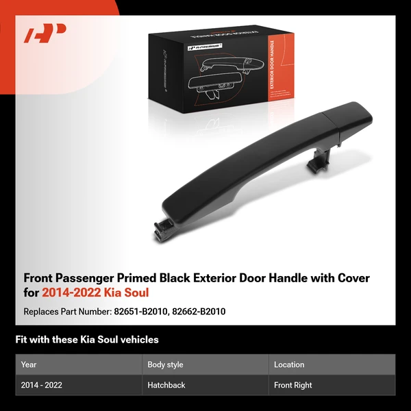 Front Passenger Primed Black Exterior Door Handle with Cover for 2014-2022 Kia Soul