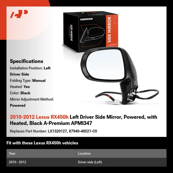 2010-2012 Lexus RX450h Left Driver Side Mirror, Powered, with Heated, Black A-Premium APMI347