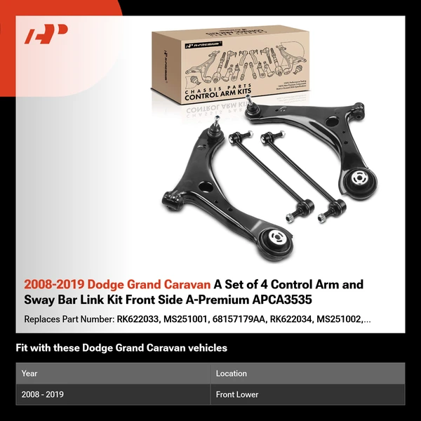 2008-2019 Dodge Grand Caravan A Set of 4 Control Arm and Sway Bar Link Kit Front Side A-Premium APCA3535