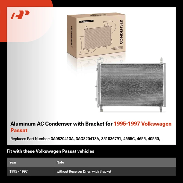 Aluminum AC Condenser with Bracket for 1995-1997 Volkswagen Passat