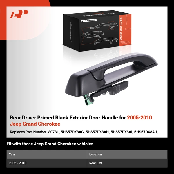 Rear Driver Primed Black Exterior Door Handle for 2005-2010 Jeep Grand Cherokee