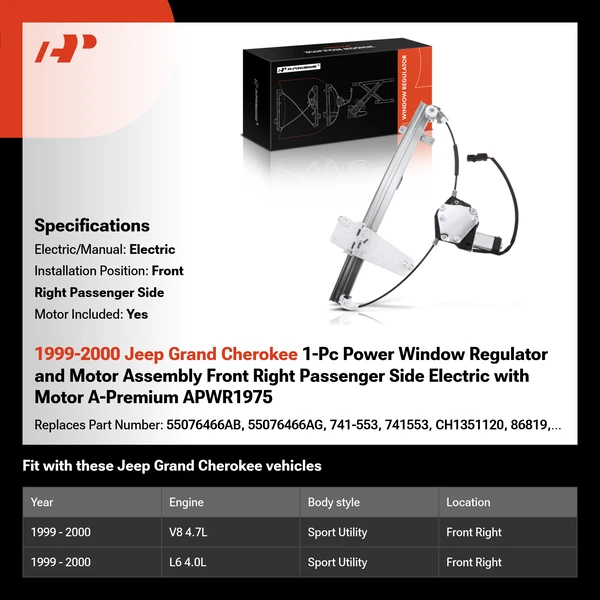 1999-2000 Jeep Grand Cherokee 1-Pc Power Window Regulator and Motor Assembly Front Right Passenger Side Electric with Motor A-Premium APWR1975