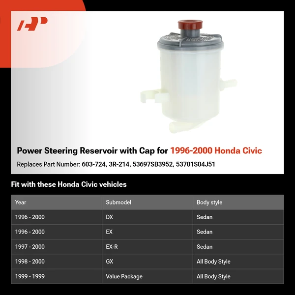 Power Steering Reservoir with Cap for 1996-2000 Honda Civic