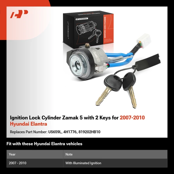 Ignition Lock Cylinder Zamak 5 with 2 Keys for 2007-2010 Hyundai Elantra