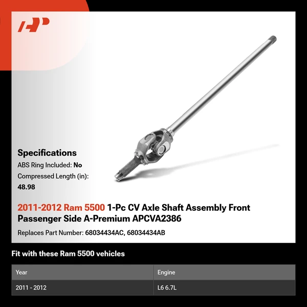 2011-2012 Ram 5500 1-Pc CV Axle Shaft Assembly Front Passenger Side A-Premium APCVA2386