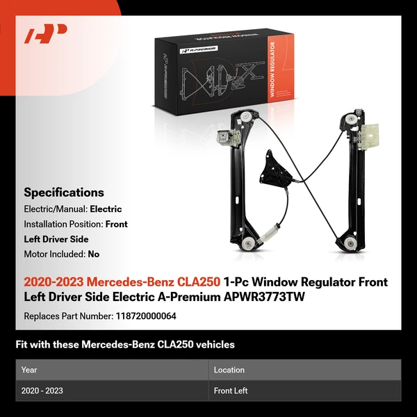 2020-2023 Mercedes-Benz CLA250 1-Pc Window Regulator Front Left Driver Side Electric A-Premium APWR3773TW