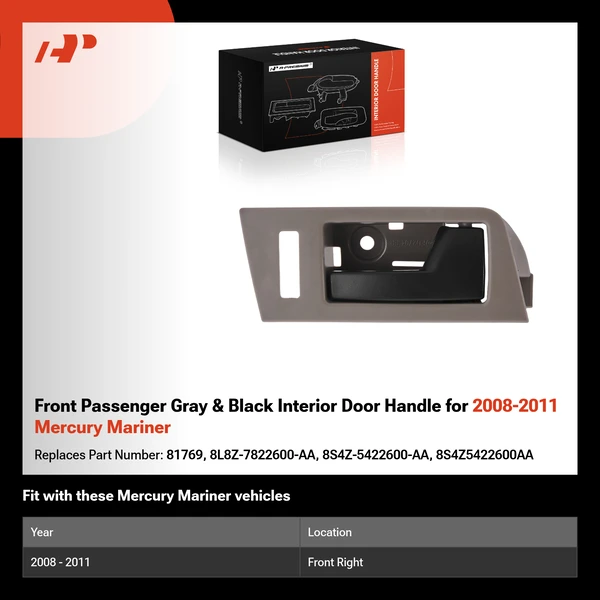 Front Passenger Gray & Black Interior Door Handle for 2008-2011 Mercury Mariner