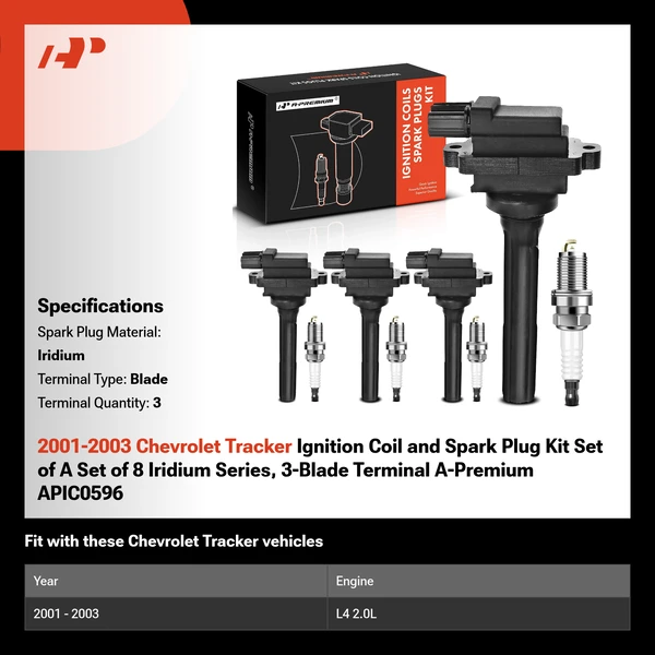 2001-2003 Chevrolet Tracker Ignition Coil and Spark Plug Kit Set of A Set of 8 Iridium Series, 3-Blade Terminal A-Premium APIC0596